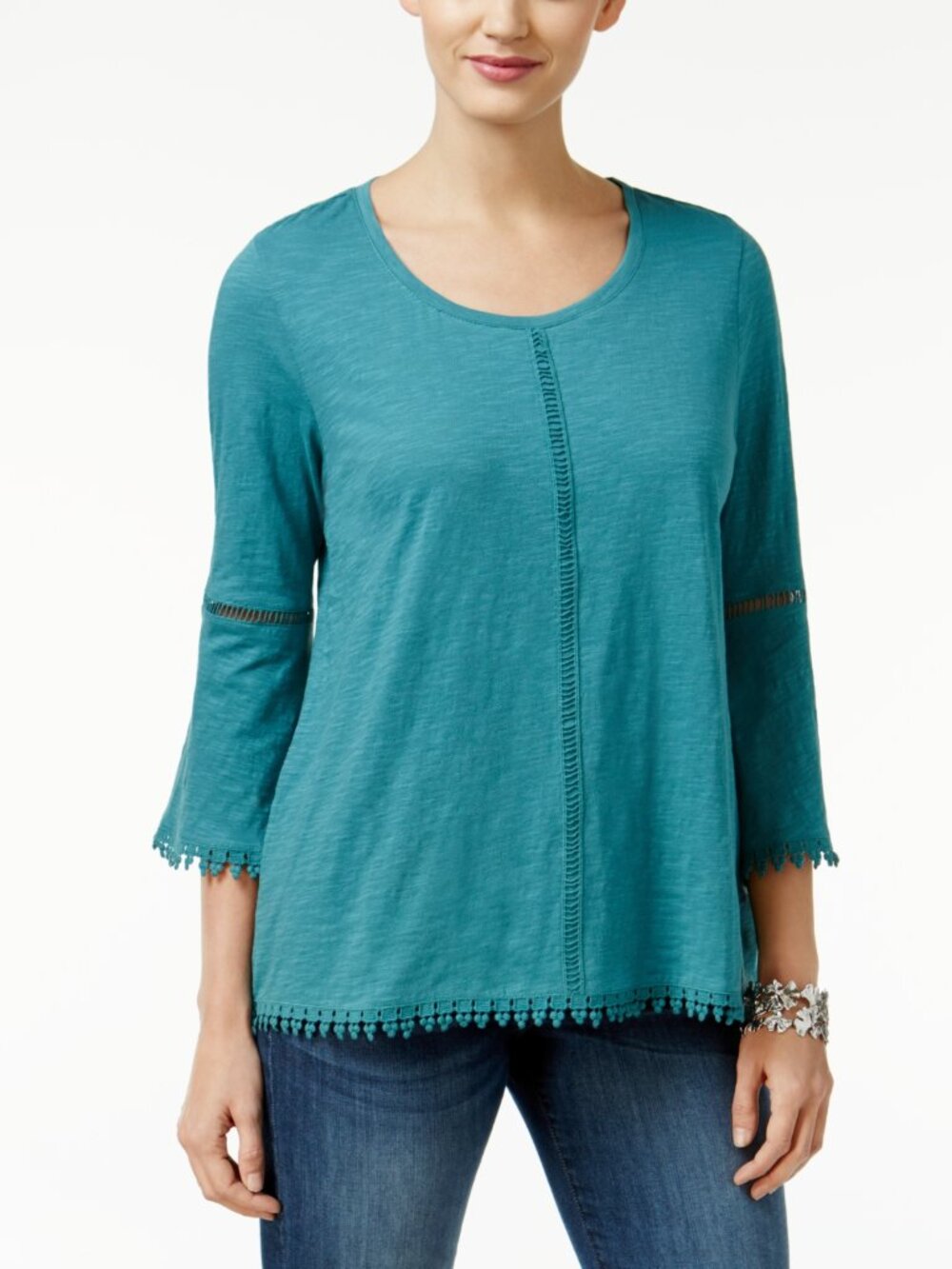 Style & Co Womens Petite Crochet Trim Bell Sleeve Top